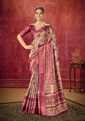 Beige Brown Dola Silk Floral Print Saree