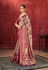 Beige Brown Dola Silk Floral Print Saree