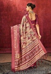 Beige Brown Dola Silk Floral Print Saree