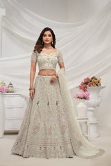 Off White Net Thread Embroidered Lehenga Choli