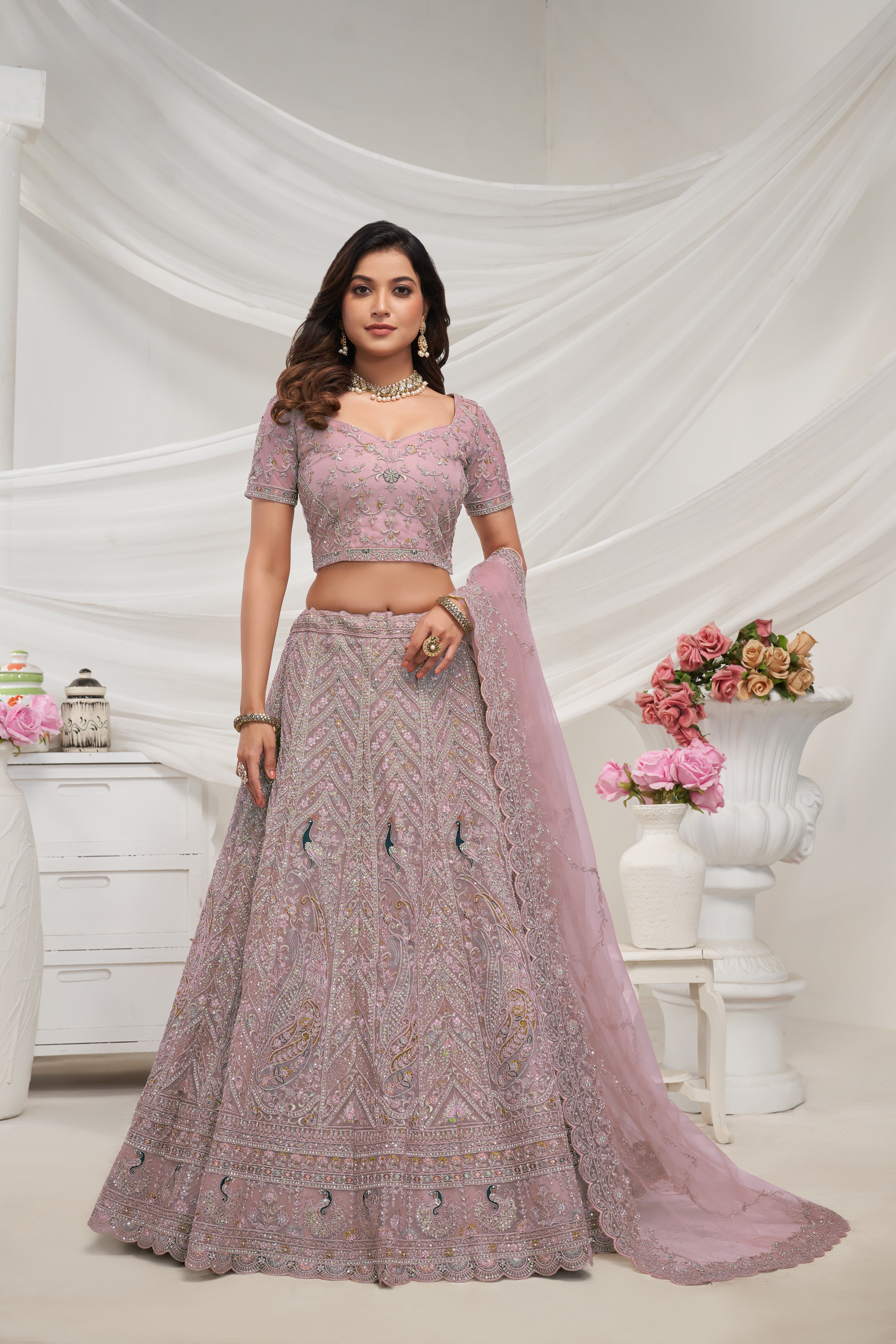 Pink Net Thread Embroidered Lehenga Choli