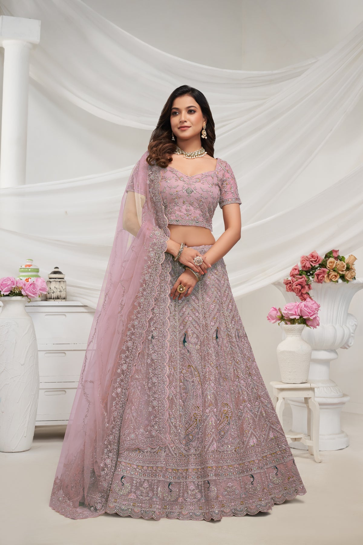 Pink Net Thread Embroidered Lehenga Choli