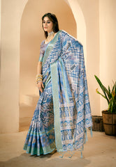 Grey Blue Dola Silk Chevron Print Saree