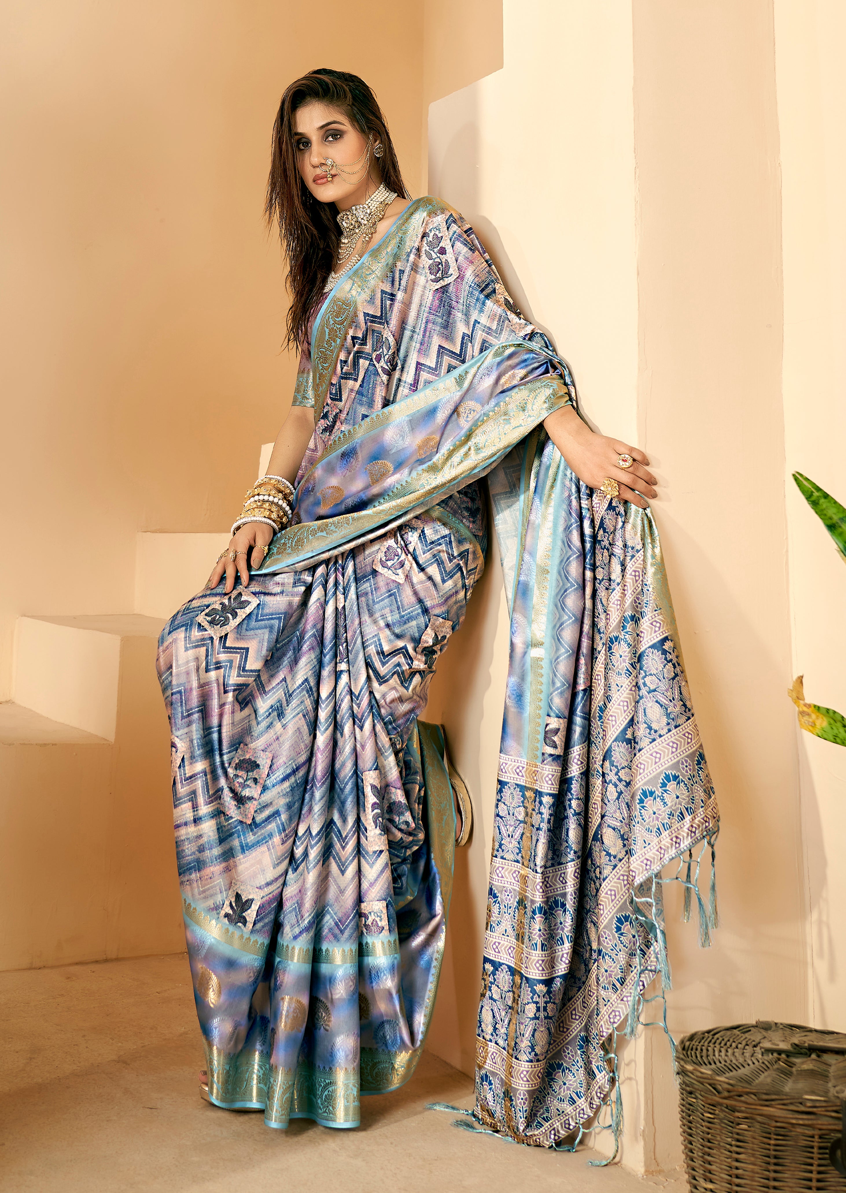 Grey Blue Dola Silk Chevron Print Saree