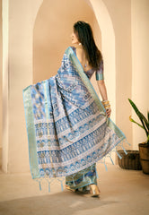 Grey Blue Dola Silk Chevron Print Saree