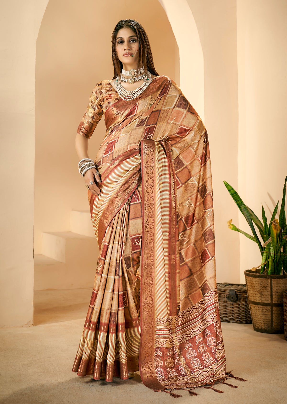 Persian Orange Dola Silk Block Print Saree