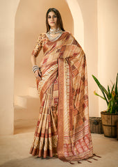 Persian Orange Dola Silk Block Print Saree