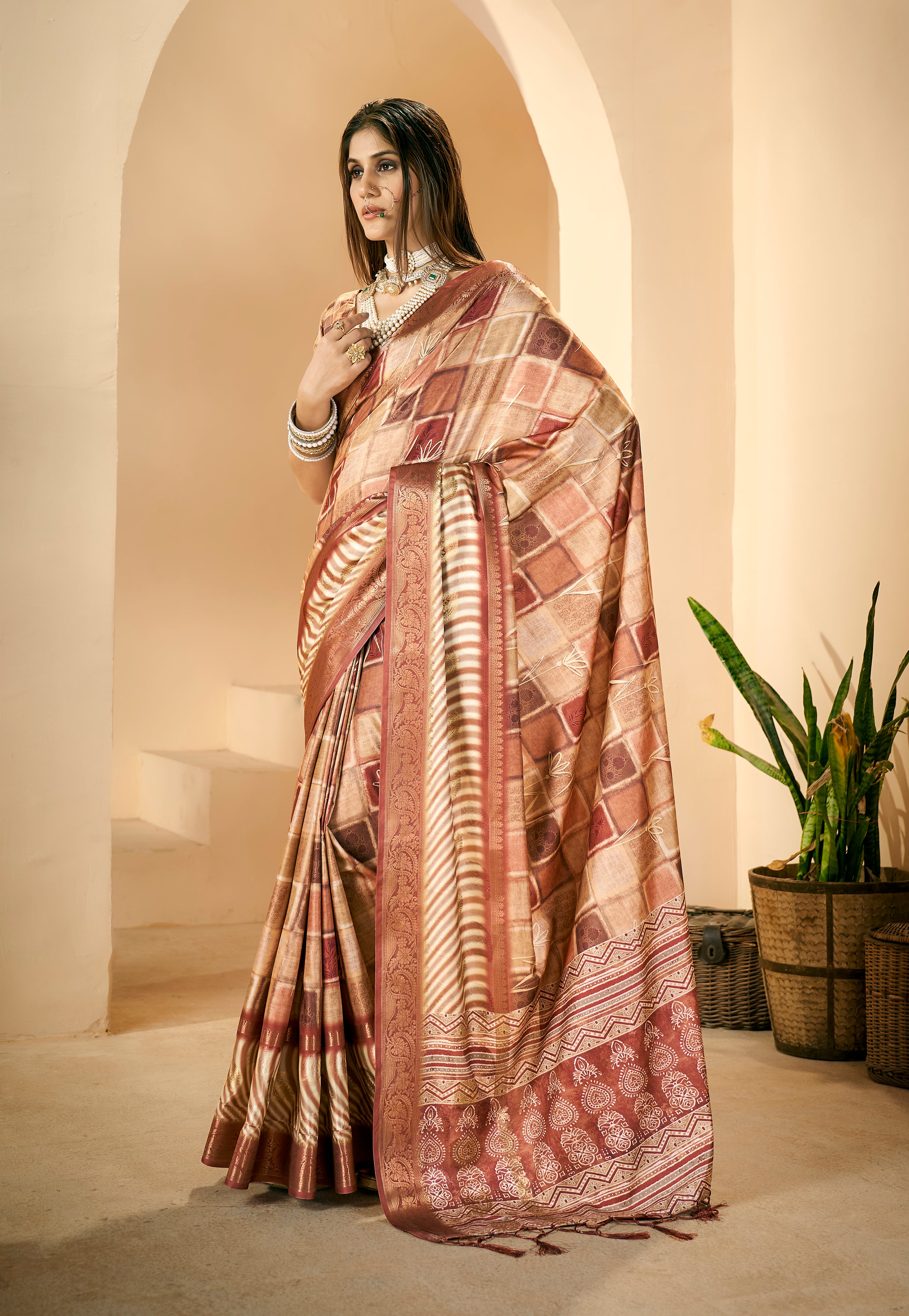 Persian Orange Dola Silk Block Print Saree