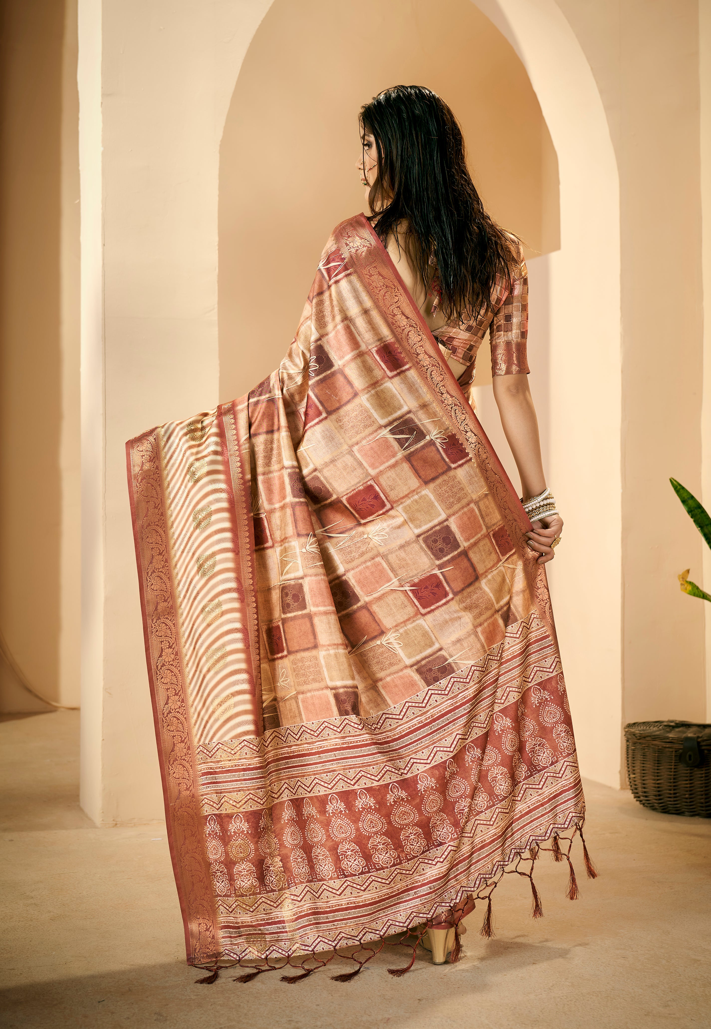 Persian Orange Dola Silk Block Print Saree