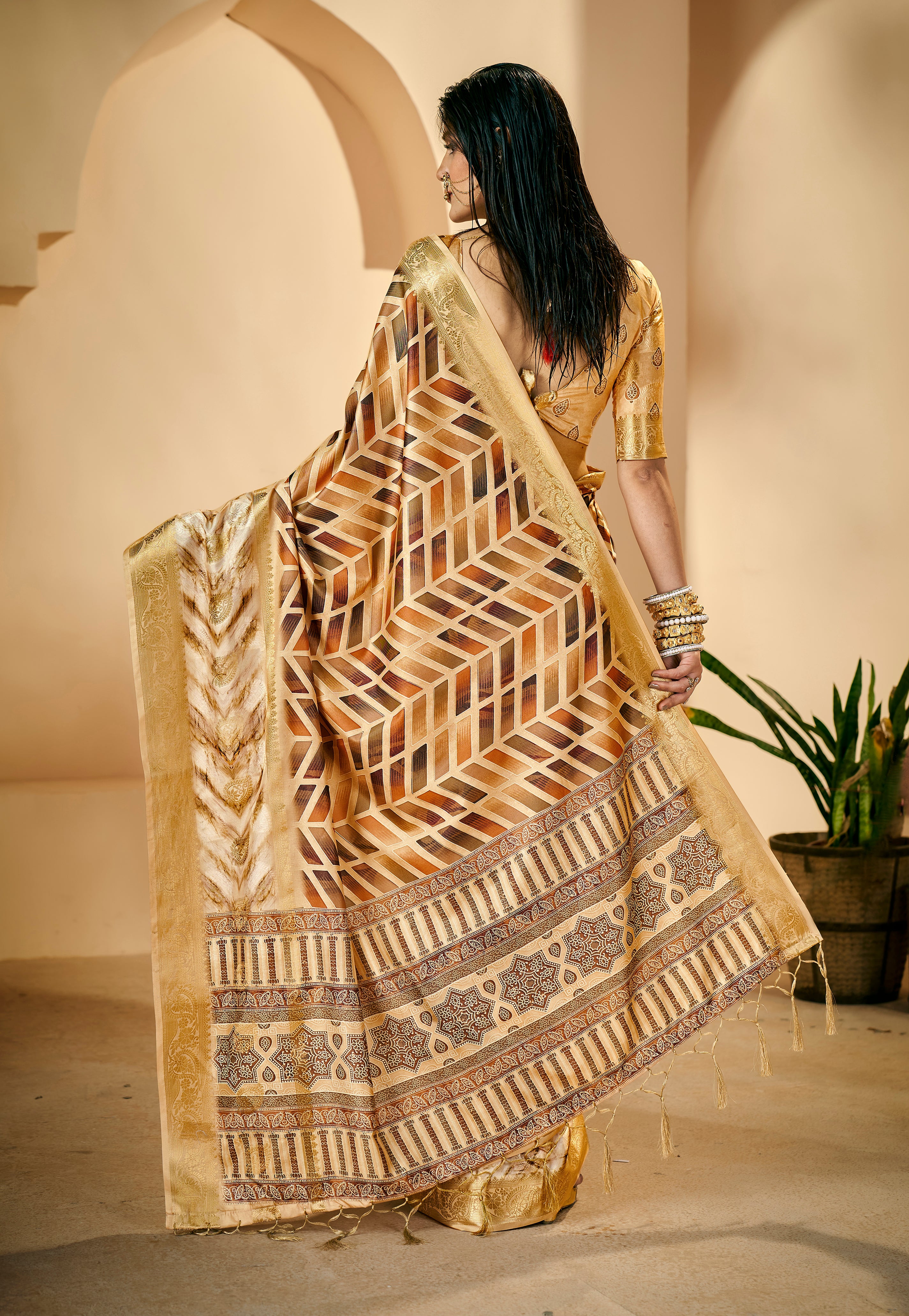 Burly Wood Dola Silk Zigzag Print Saree