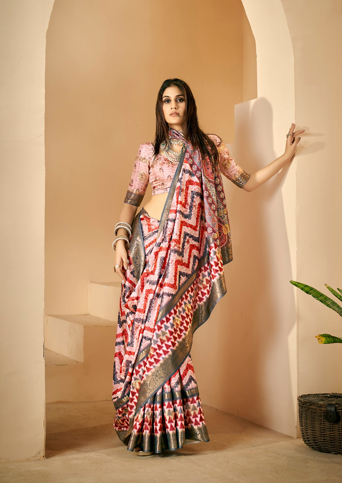 Pastel Pink Dola Silk Chevron Print Saree