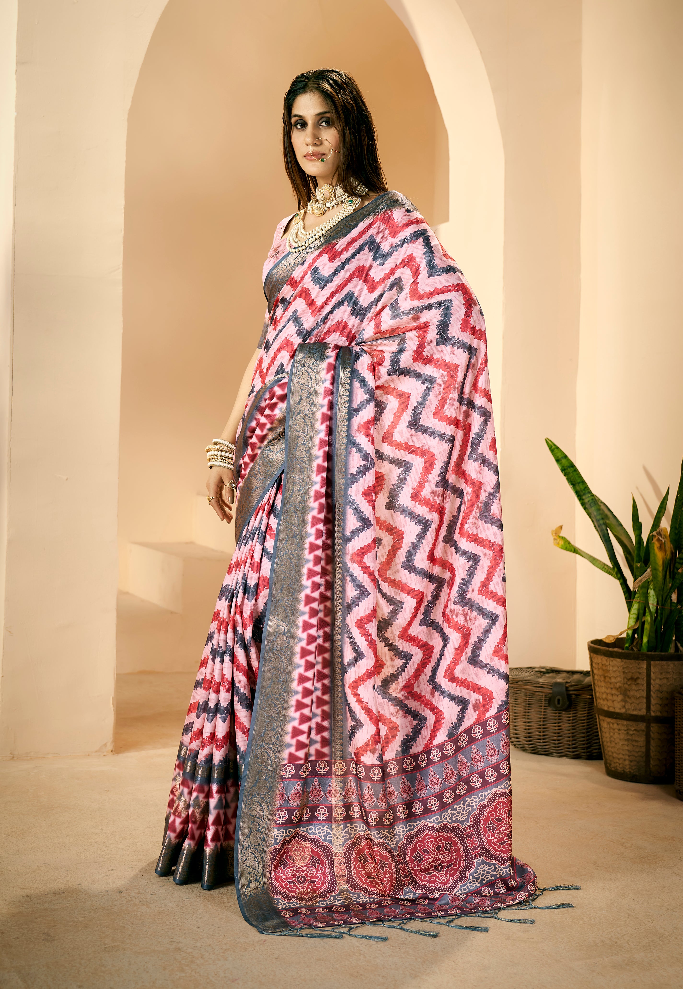 Pastel Pink Dola Silk Chevron Print Saree