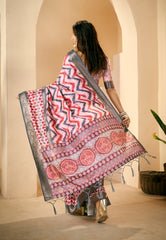 Pastel Pink Dola Silk Chevron Print Saree