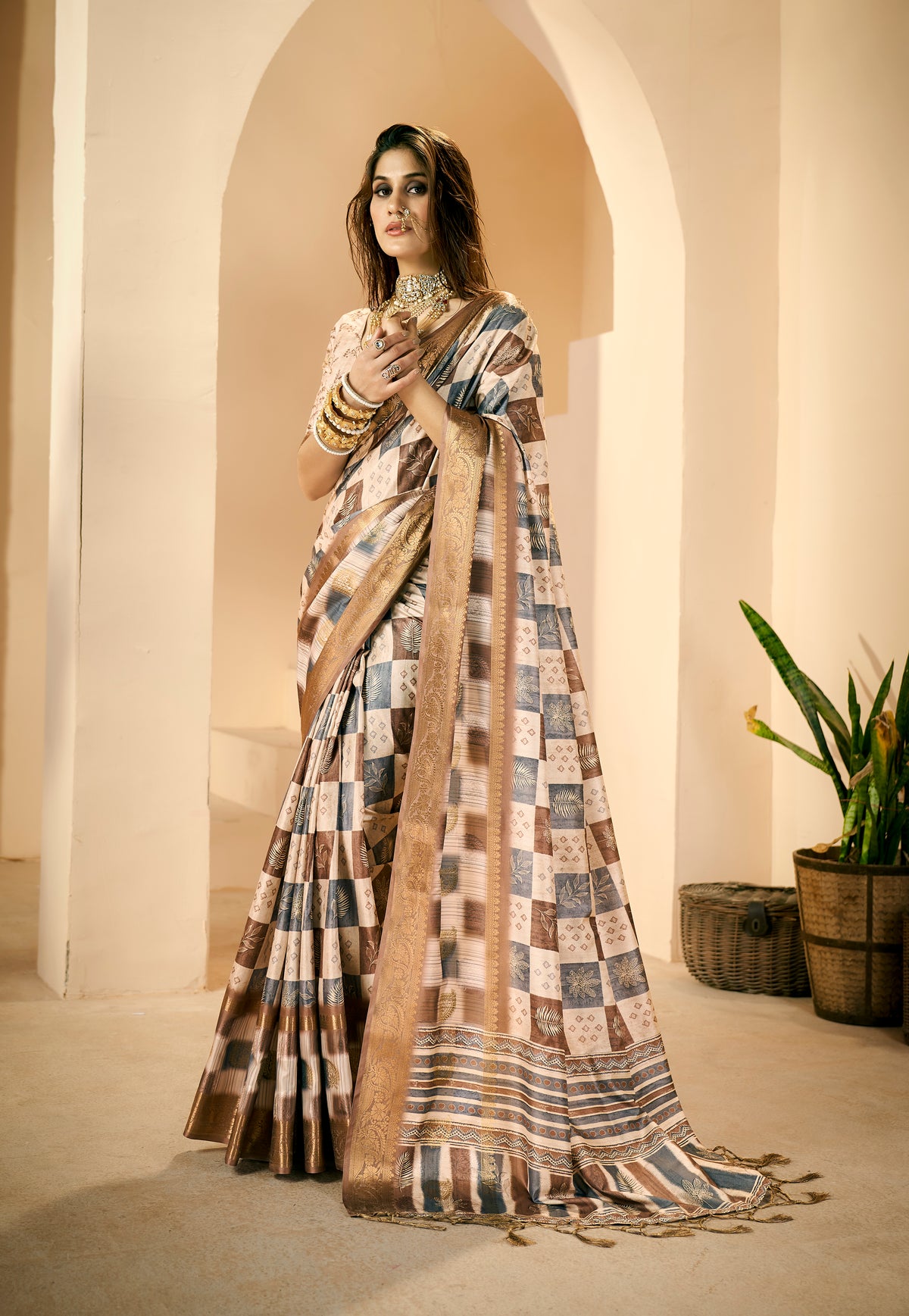 Beige Dola Silk Block Print Saree