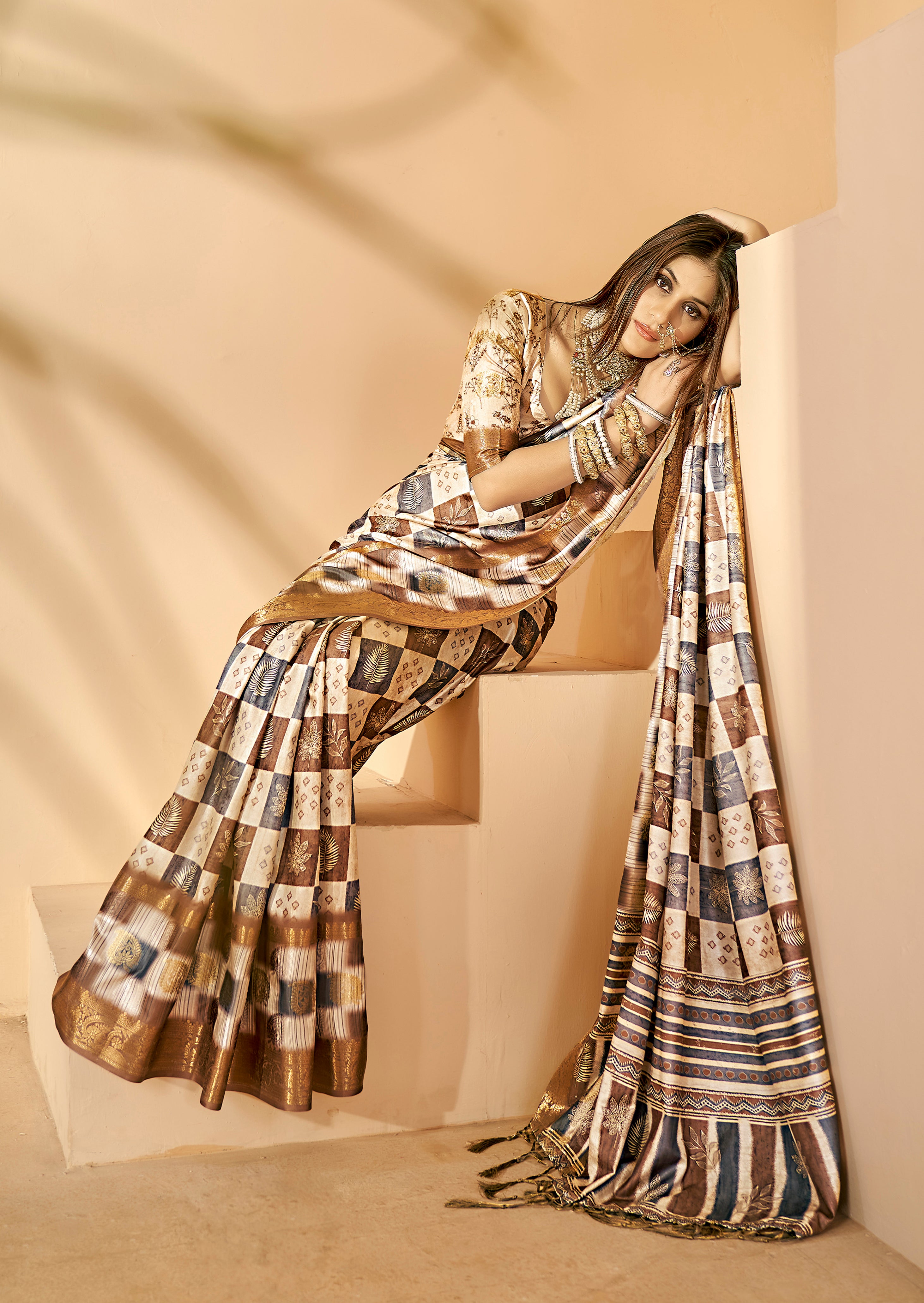 Beige Dola Silk Block Print Saree