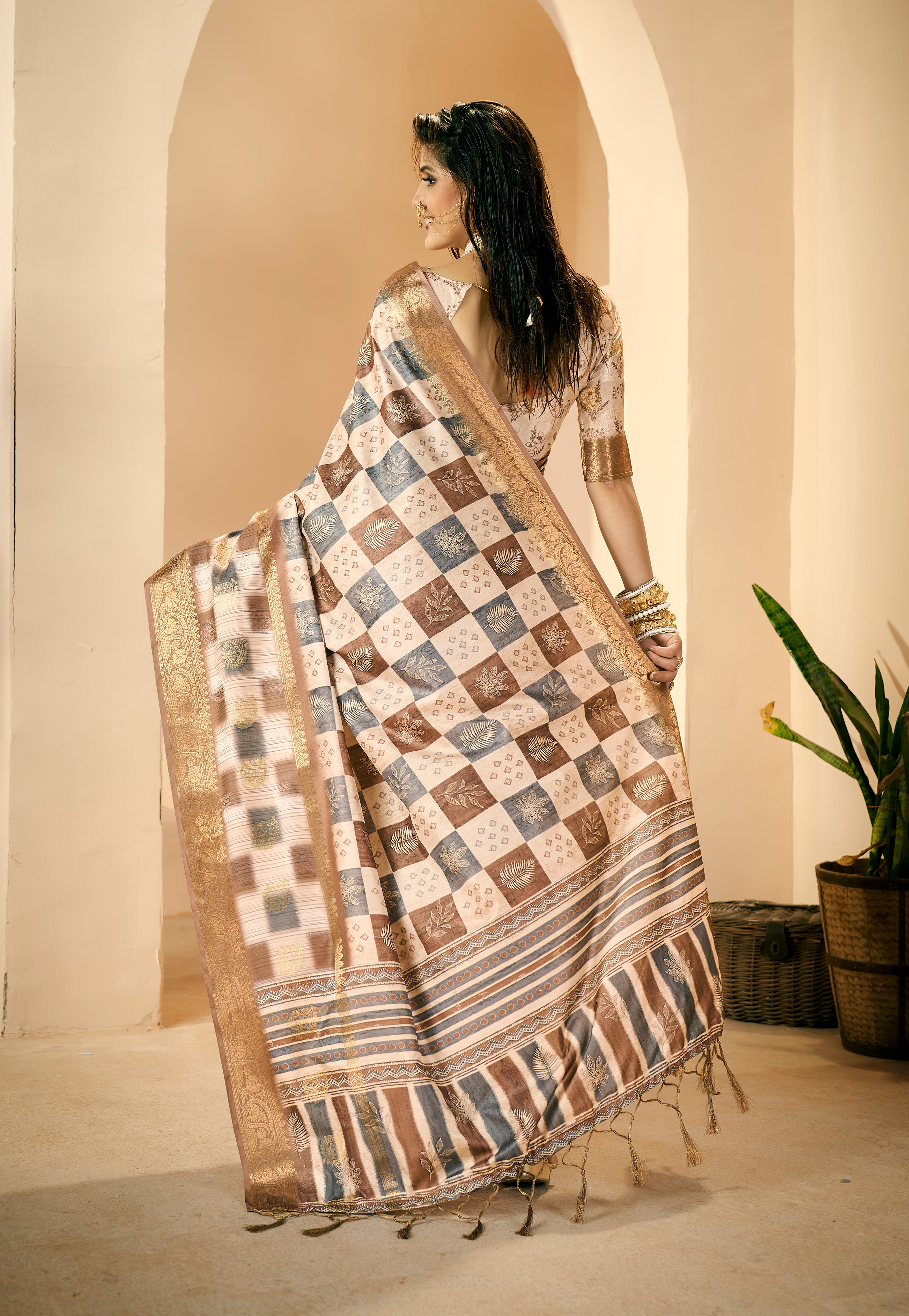 Beige Dola Silk Block Print Saree