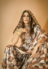 Beige Dola Silk Block Print Saree