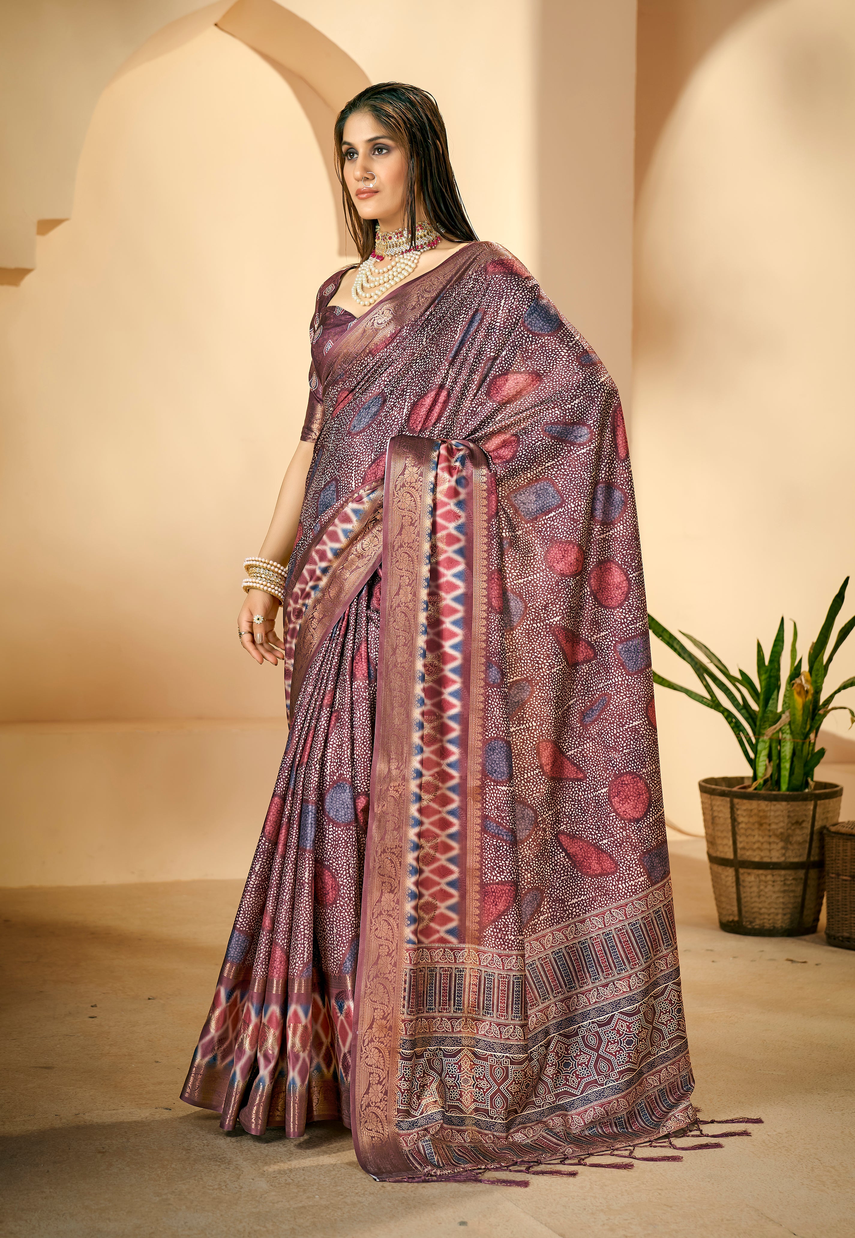 Wine Dola Silk Dot Print Saree