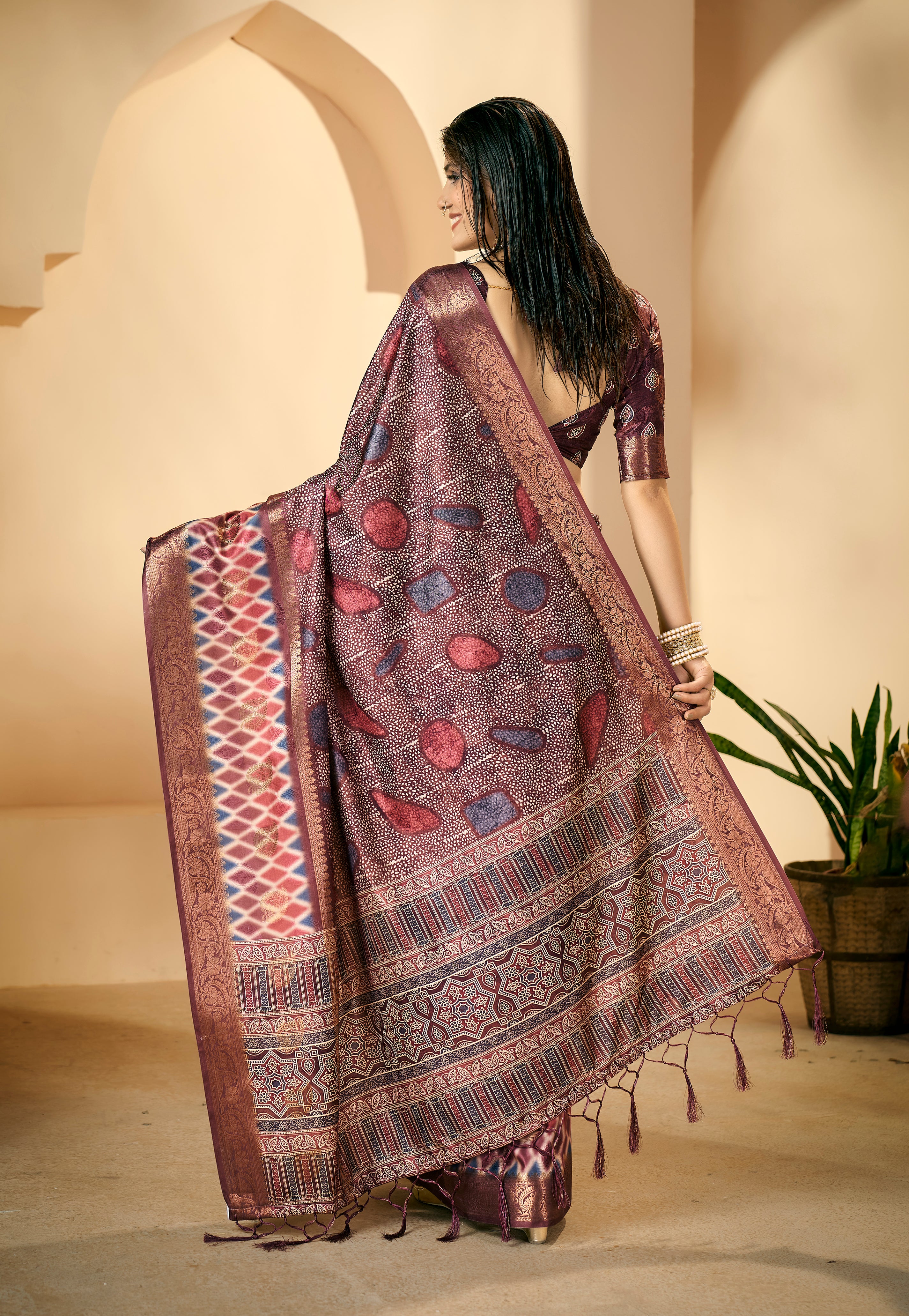 Wine Dola Silk Dot Print Saree