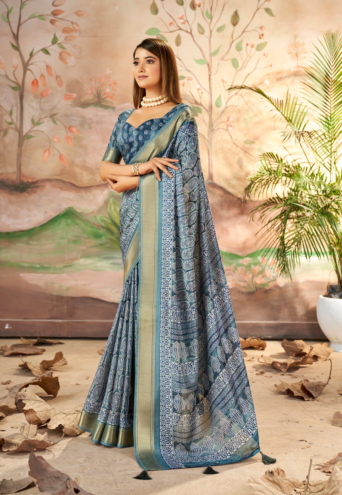 Slate Grey Dola Silk Paisley Print Saree