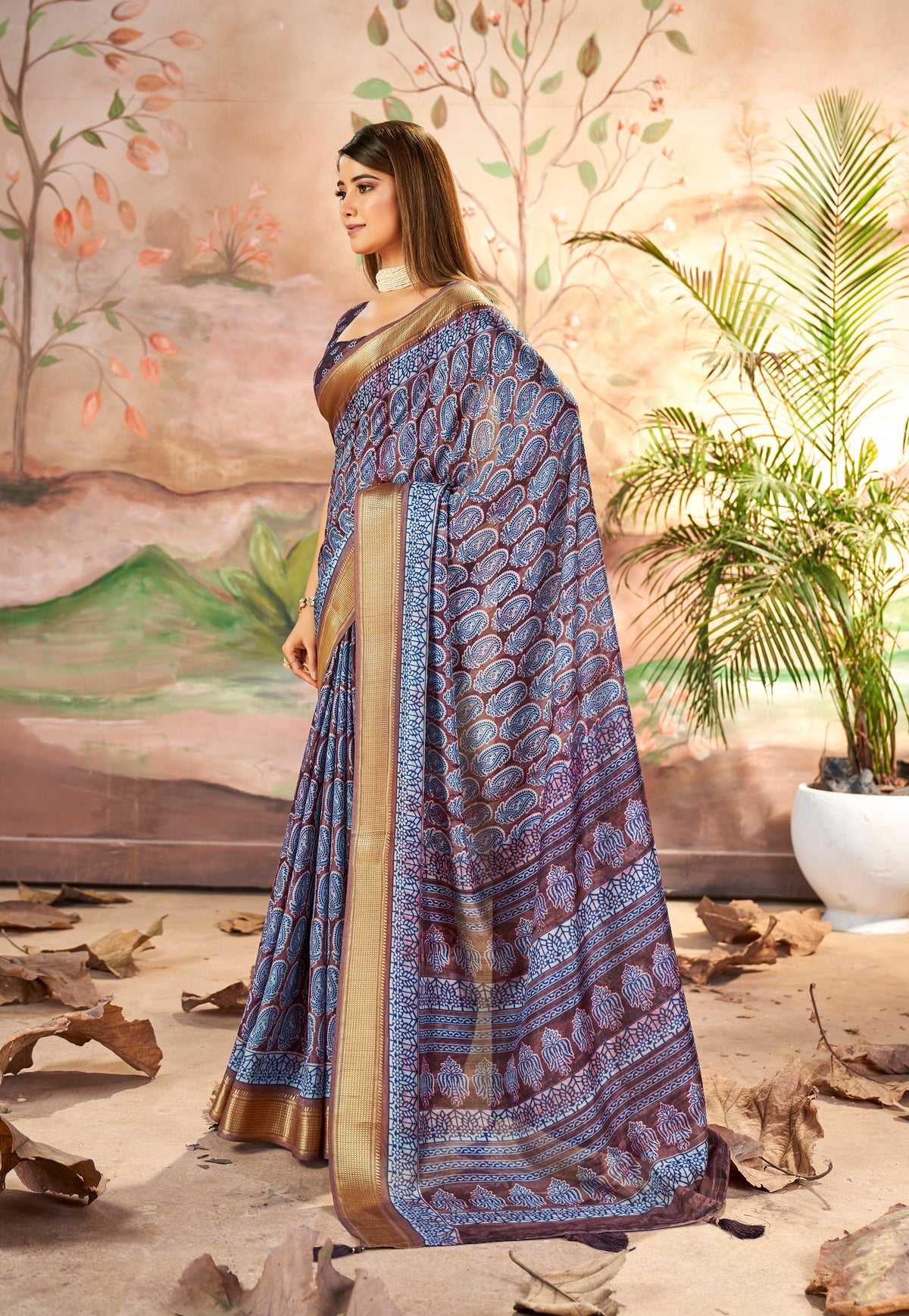 Purple Brown Dola Silk Paisley Print Saree