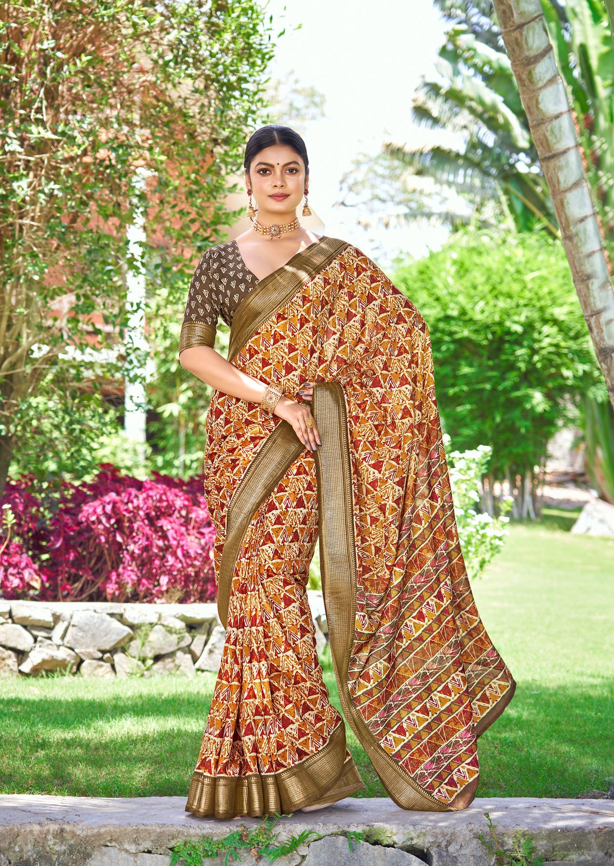 Multi Kalamkari Silk Geometric Print Saree