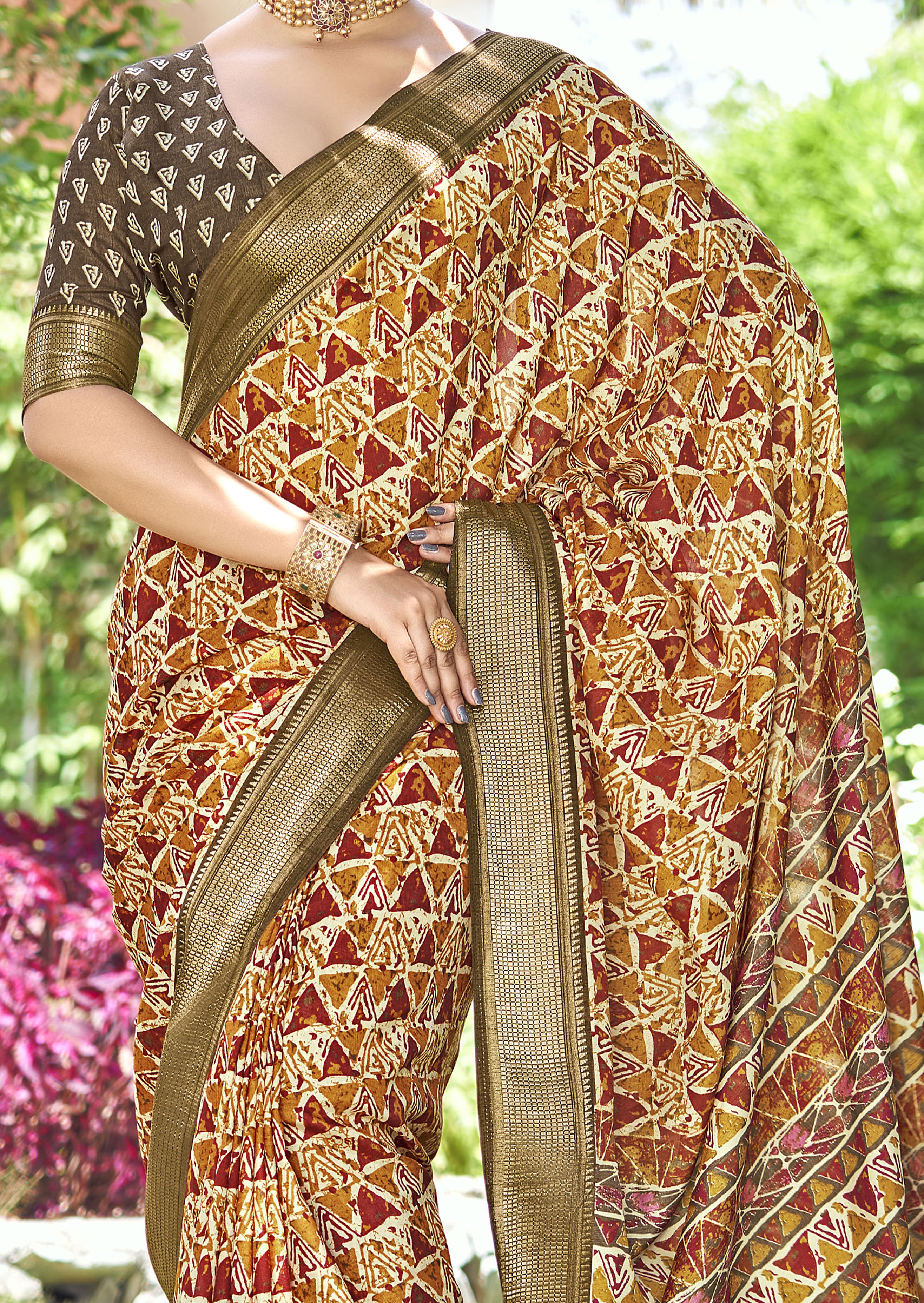 Multi Kalamkari Silk Geometric Print Saree