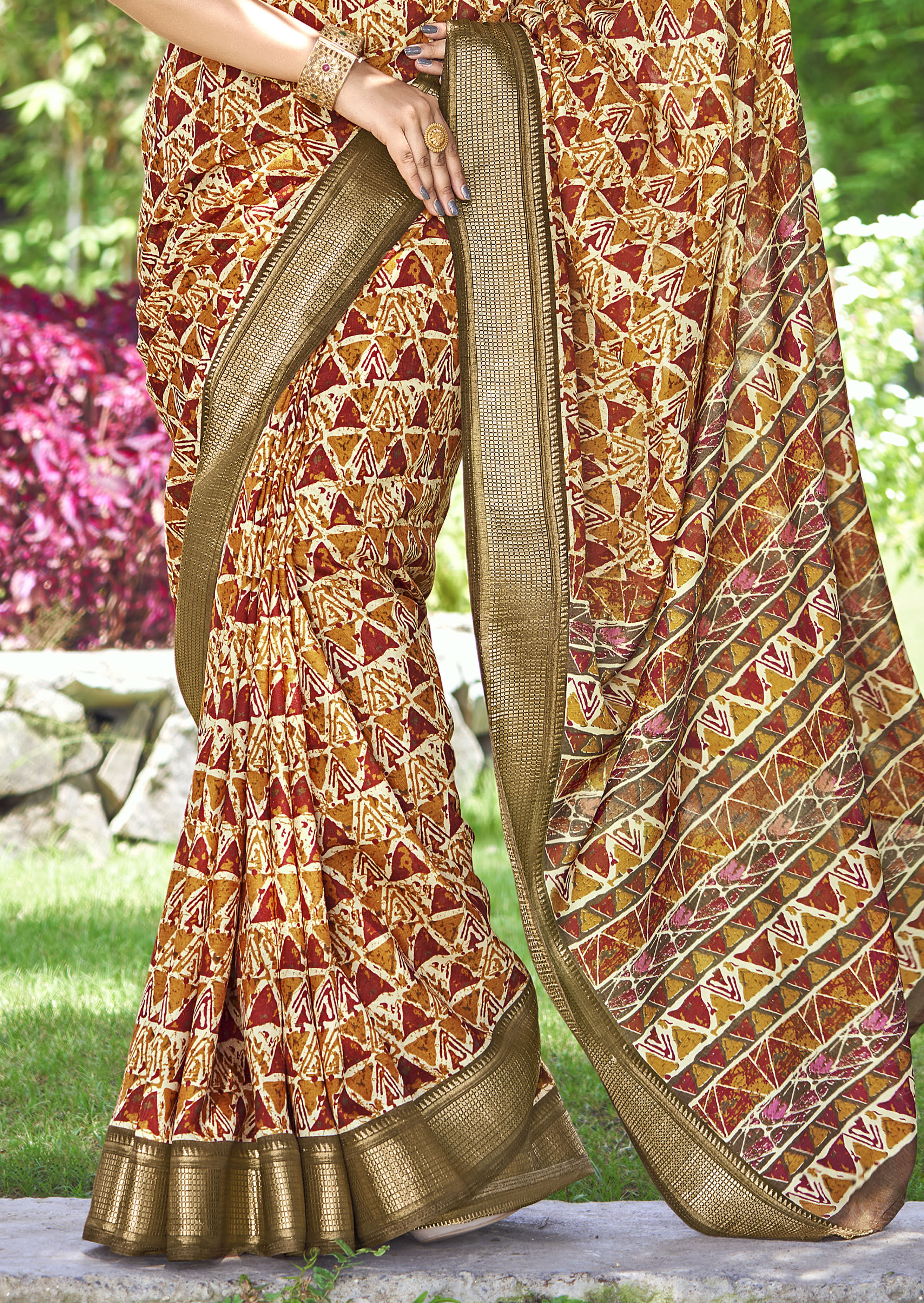 Multi Kalamkari Silk Geometric Print Saree