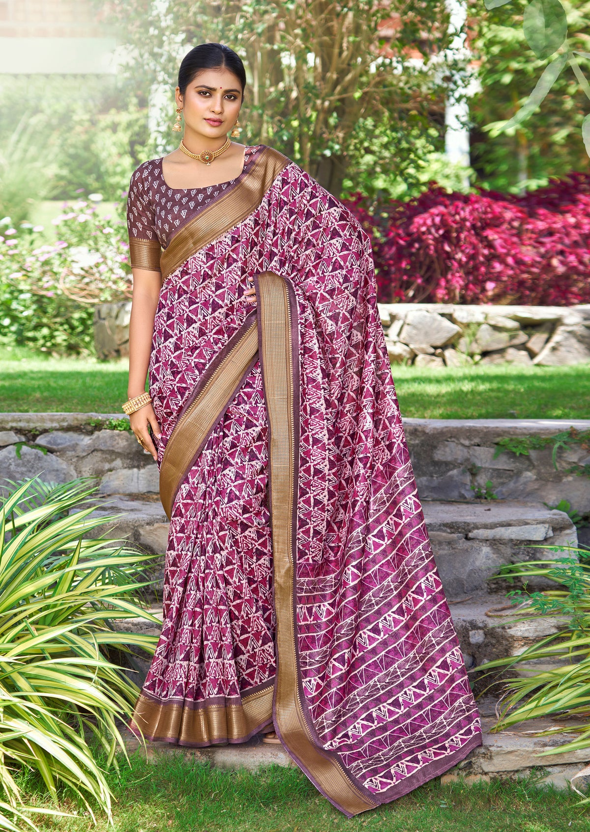 Pink Purple Kalamkari Silk Geometric Print Saree