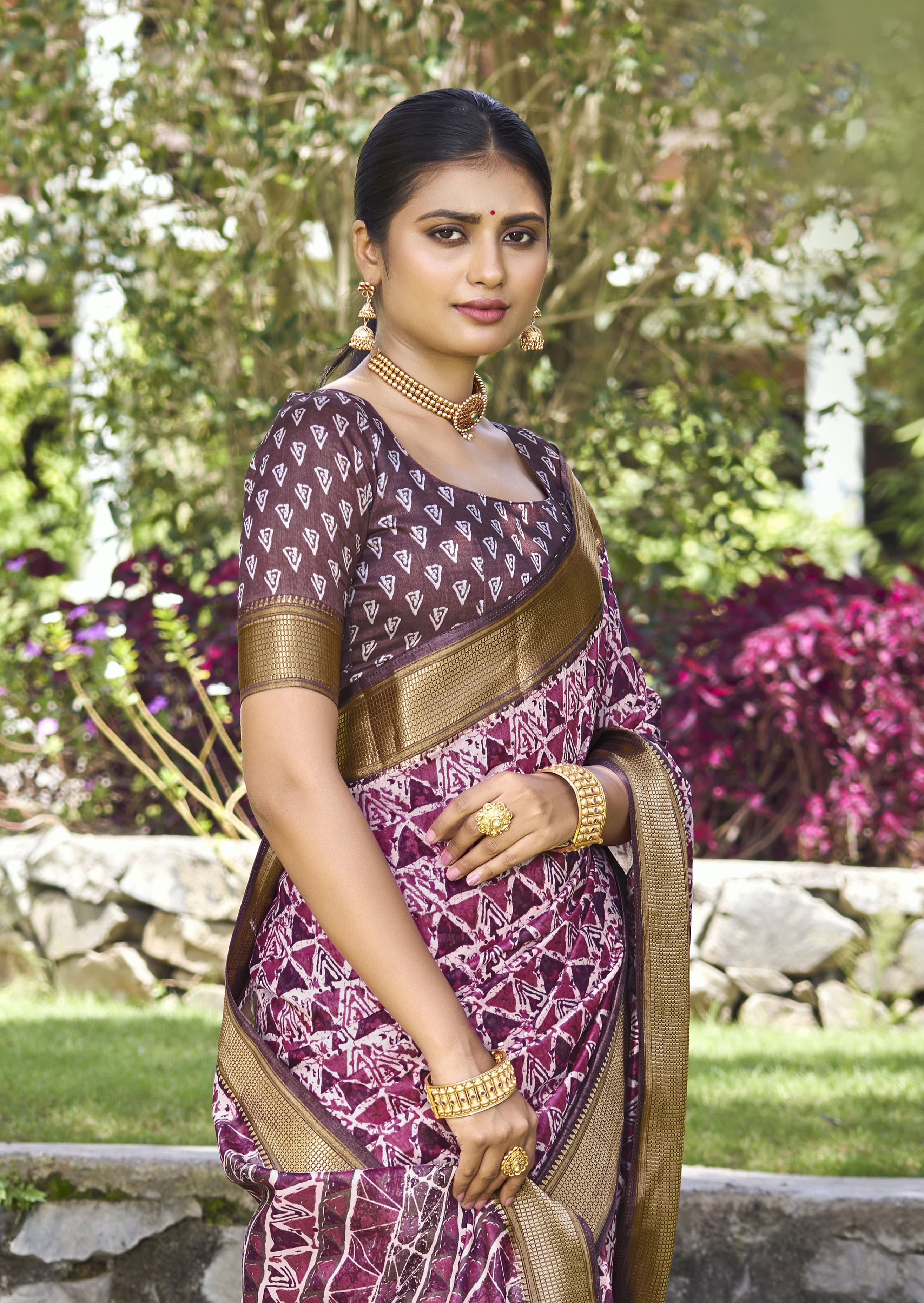 Pink Purple Kalamkari Silk Geometric Print Saree