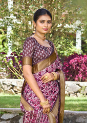 Pink Purple Kalamkari Silk Geometric Print Saree