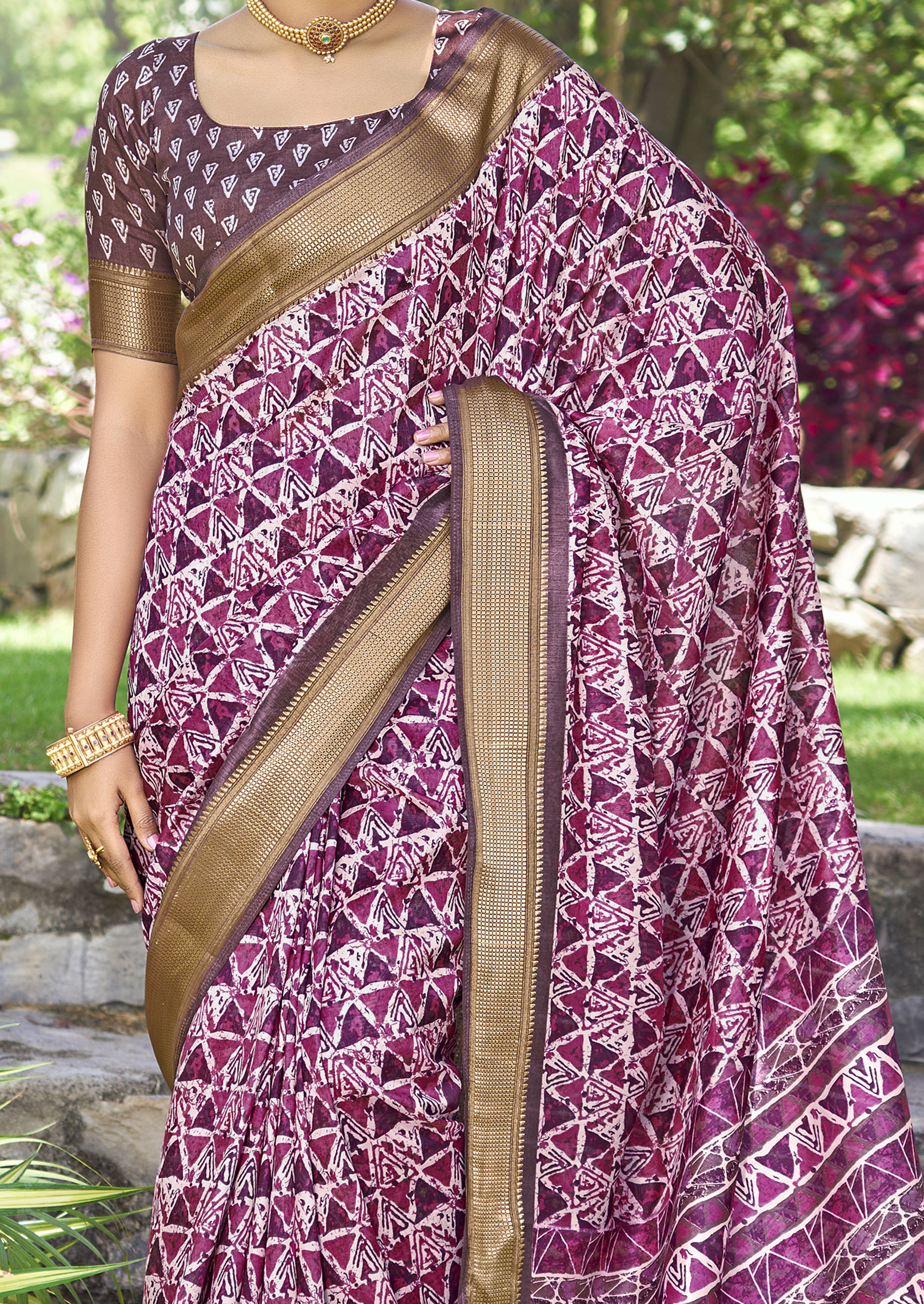 Pink Purple Kalamkari Silk Geometric Print Saree