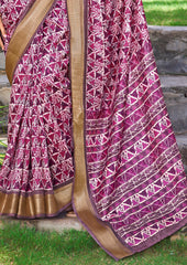 Pink Purple Kalamkari Silk Geometric Print Saree