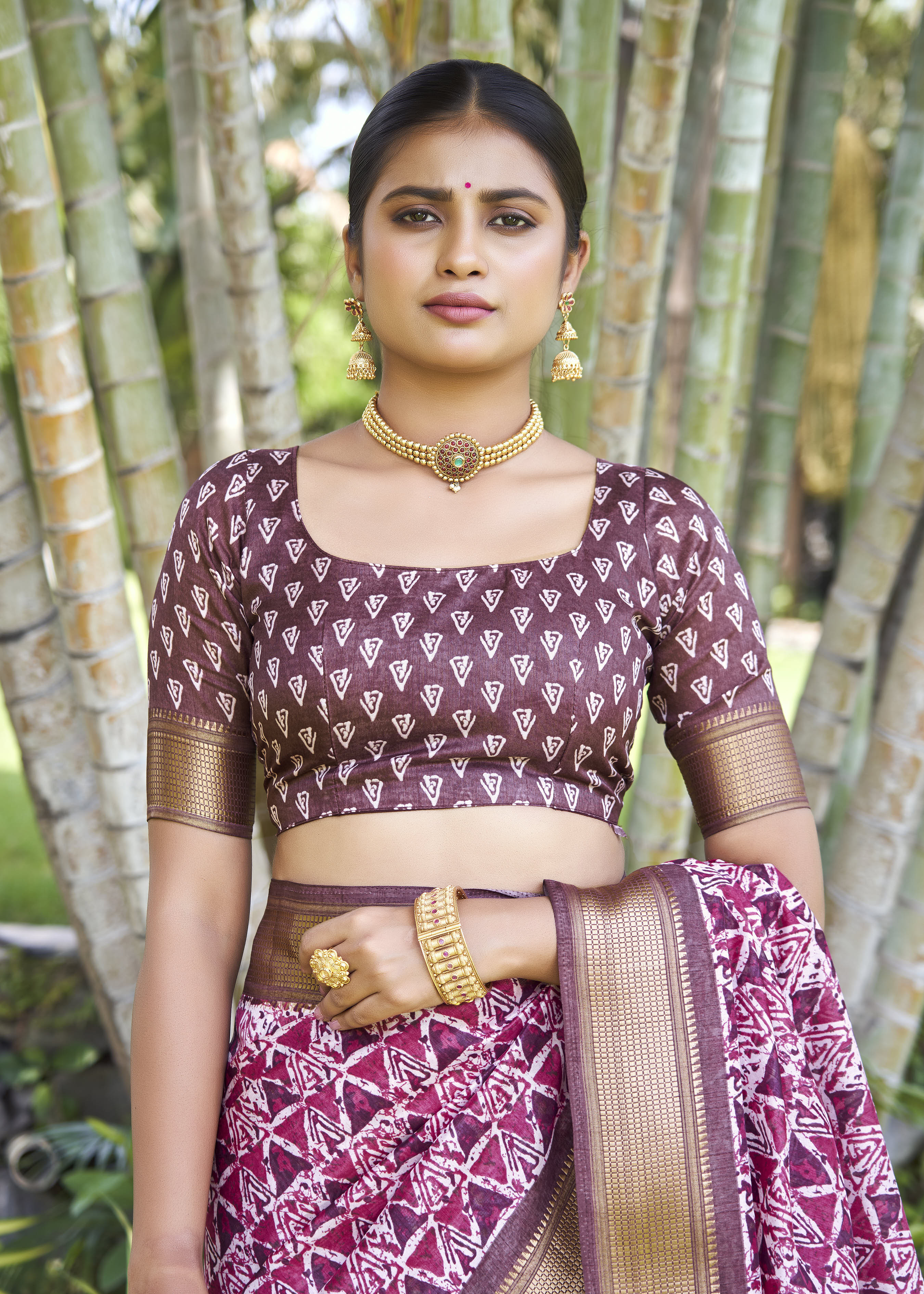 Pink Purple Kalamkari Silk Geometric Print Saree