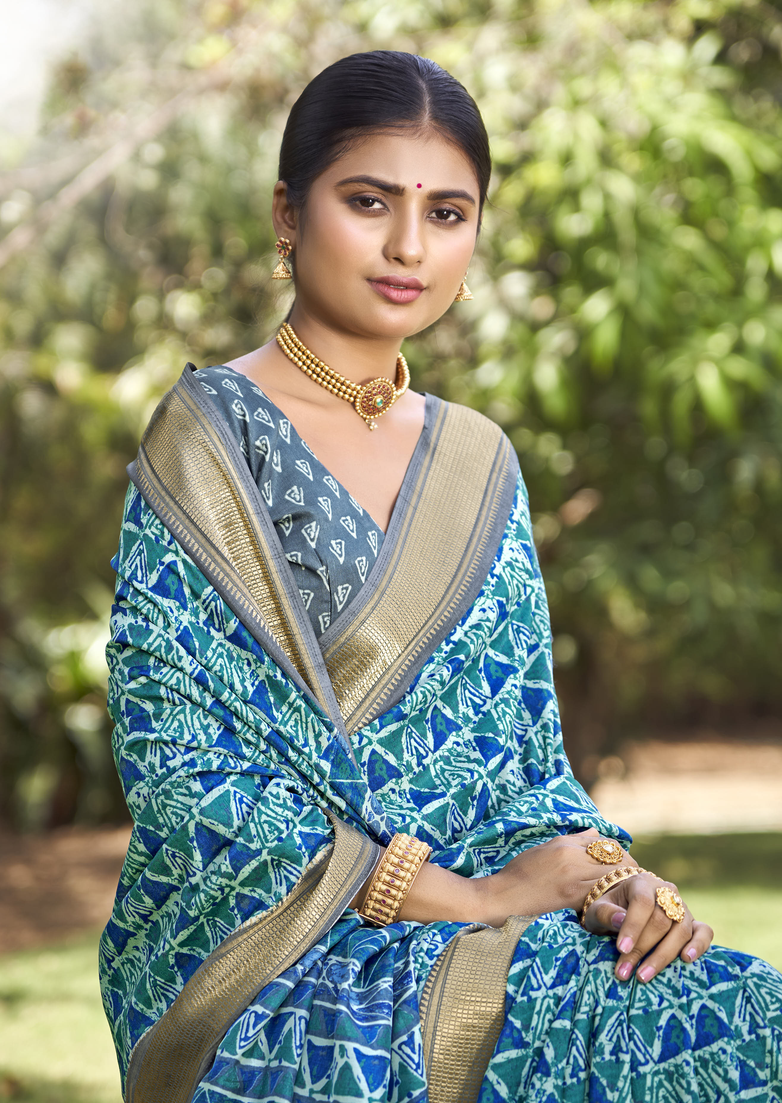 Sea Green Kalamkari Silk Geometric Print Saree