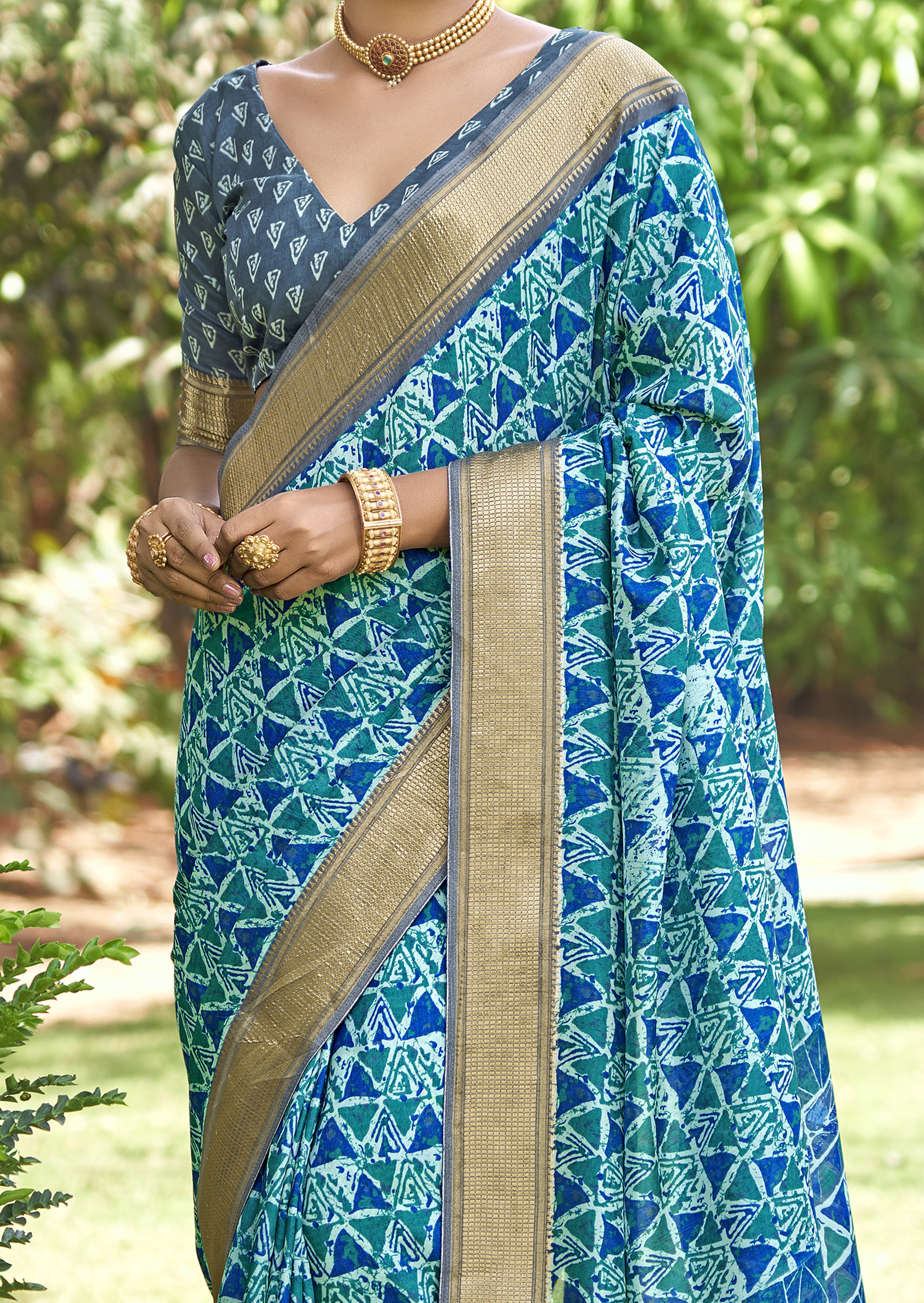 Sea Green Kalamkari Silk Geometric Print Saree