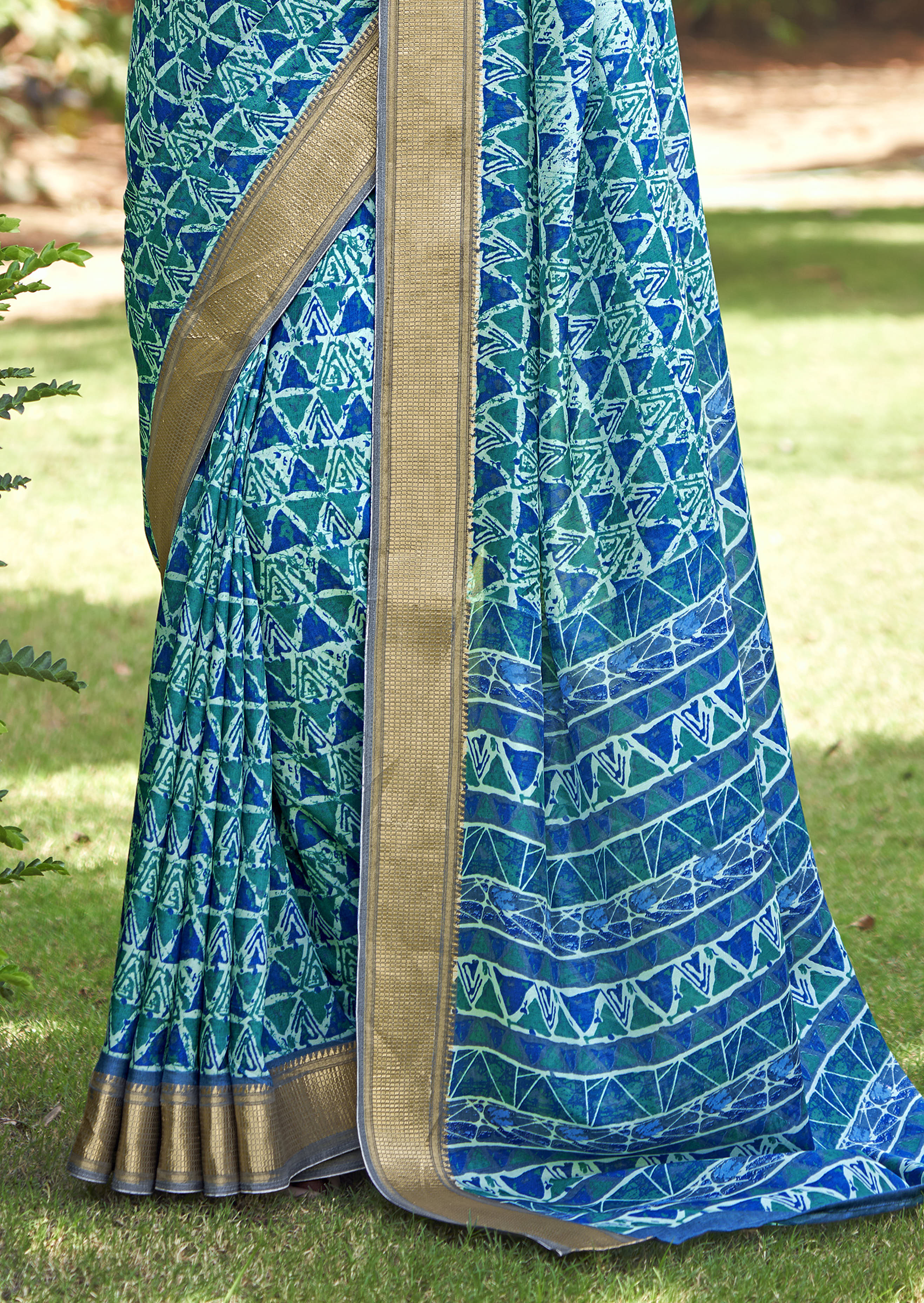 Sea Green Kalamkari Silk Geometric Print Saree