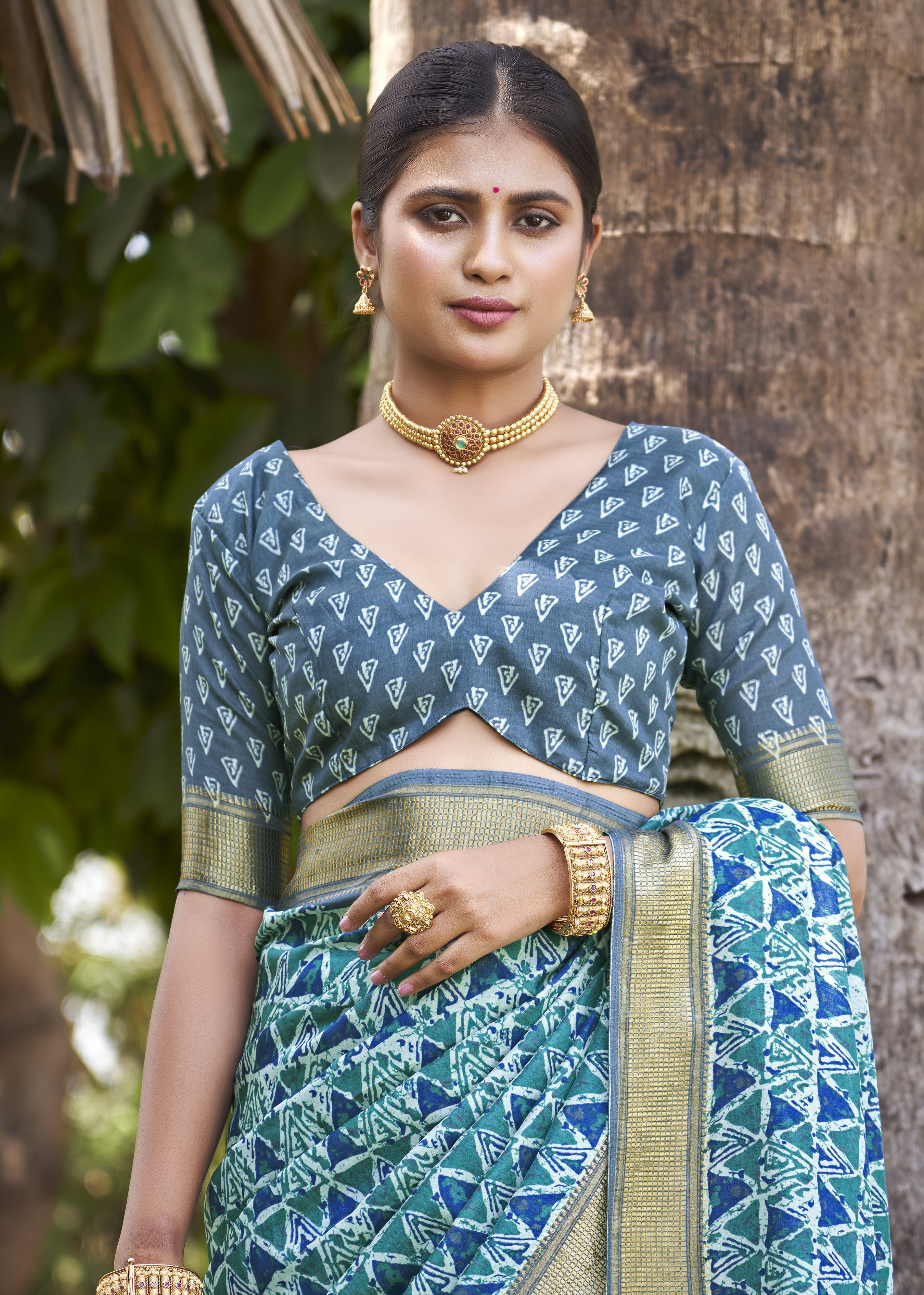 Sea Green Kalamkari Silk Geometric Print Saree