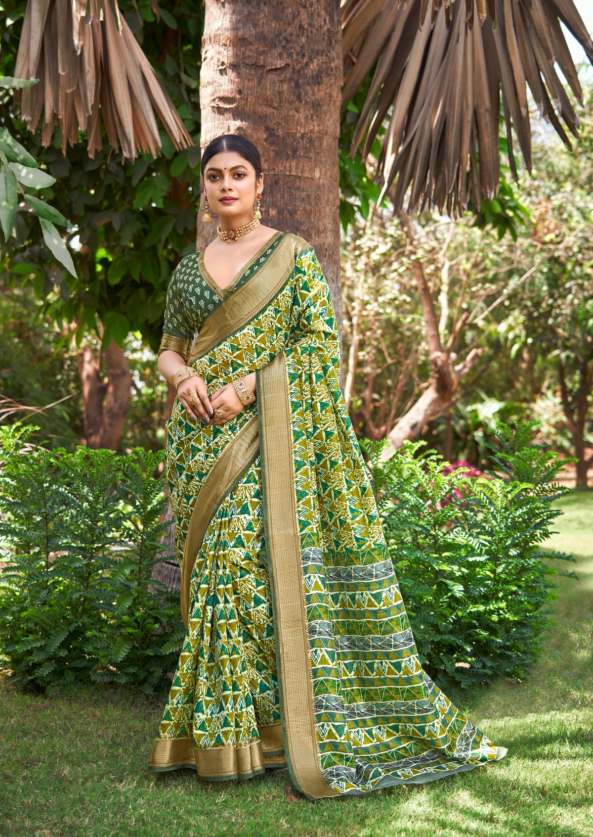 Light Green Kalamkari Silk Geometric Print Saree