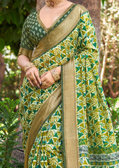 Light Green Kalamkari Silk Geometric Print Saree