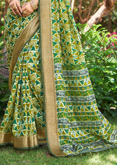 Light Green Kalamkari Silk Geometric Print Saree