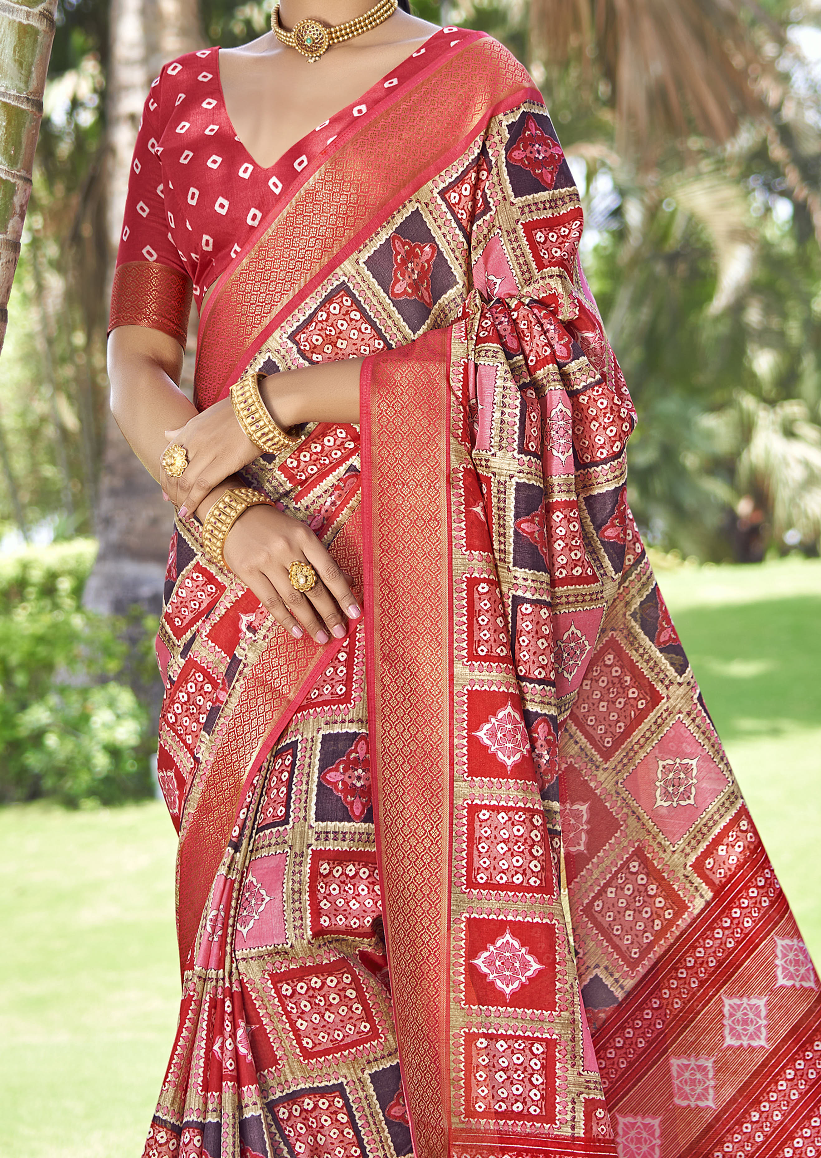 Multi & Pink Kalamkari Silk Block Print Saree