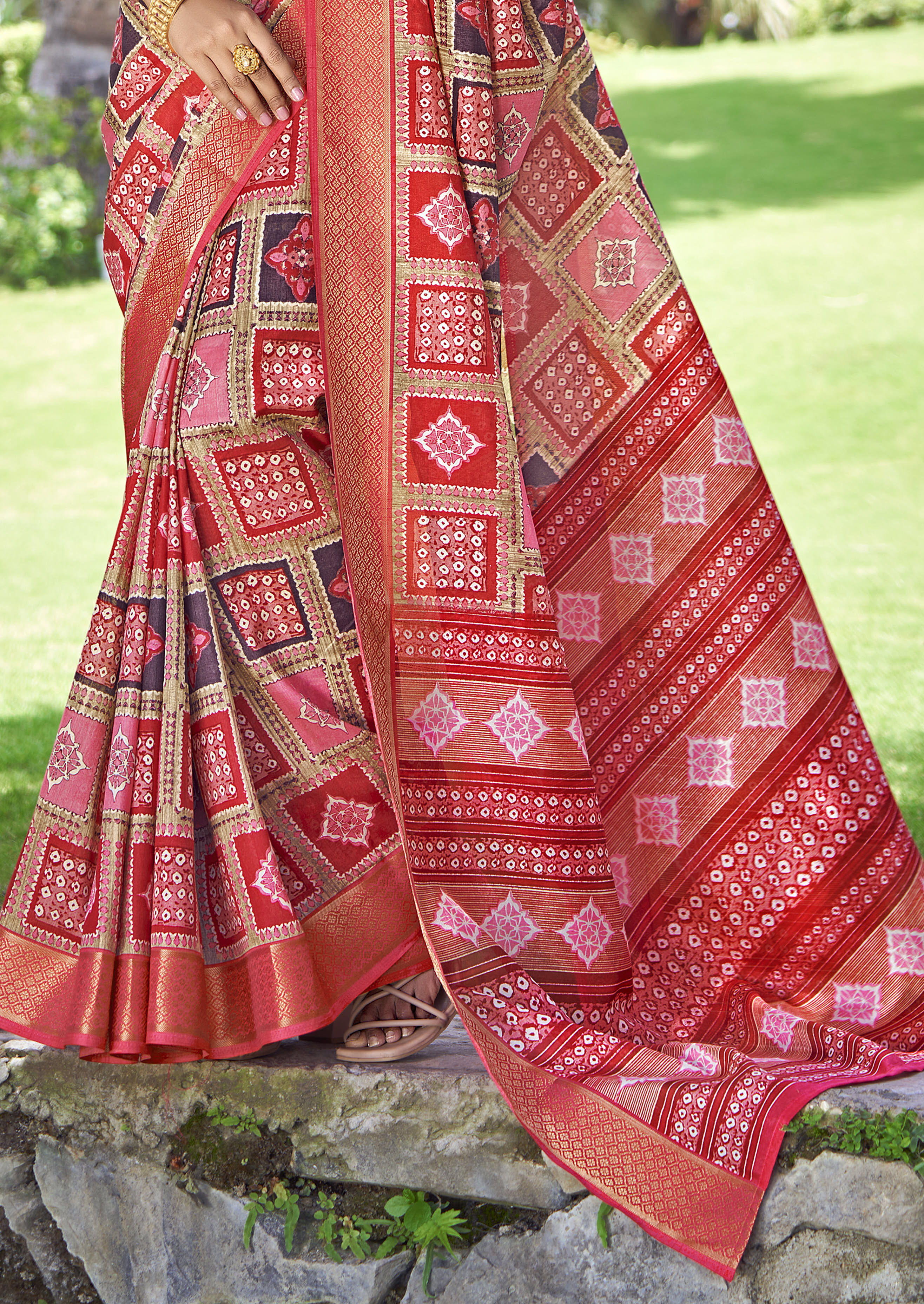 Multi & Pink Kalamkari Silk Block Print Saree