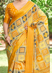 Yellow Kalamkari Silk Block Print Saree