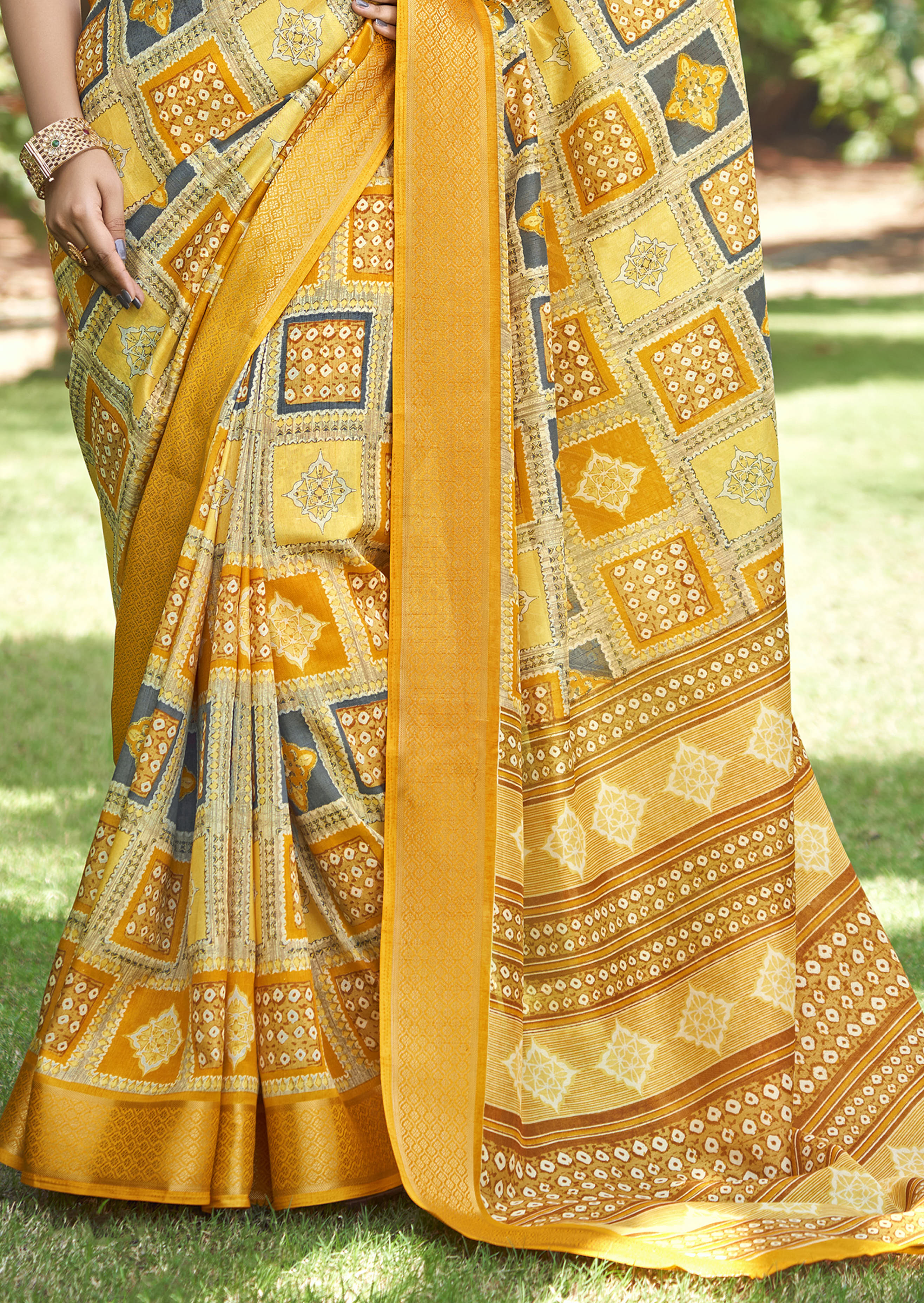 Yellow Kalamkari Silk Block Print Saree