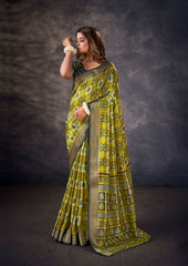 Olive Yellow Kalamkari Silk Block Print Saree