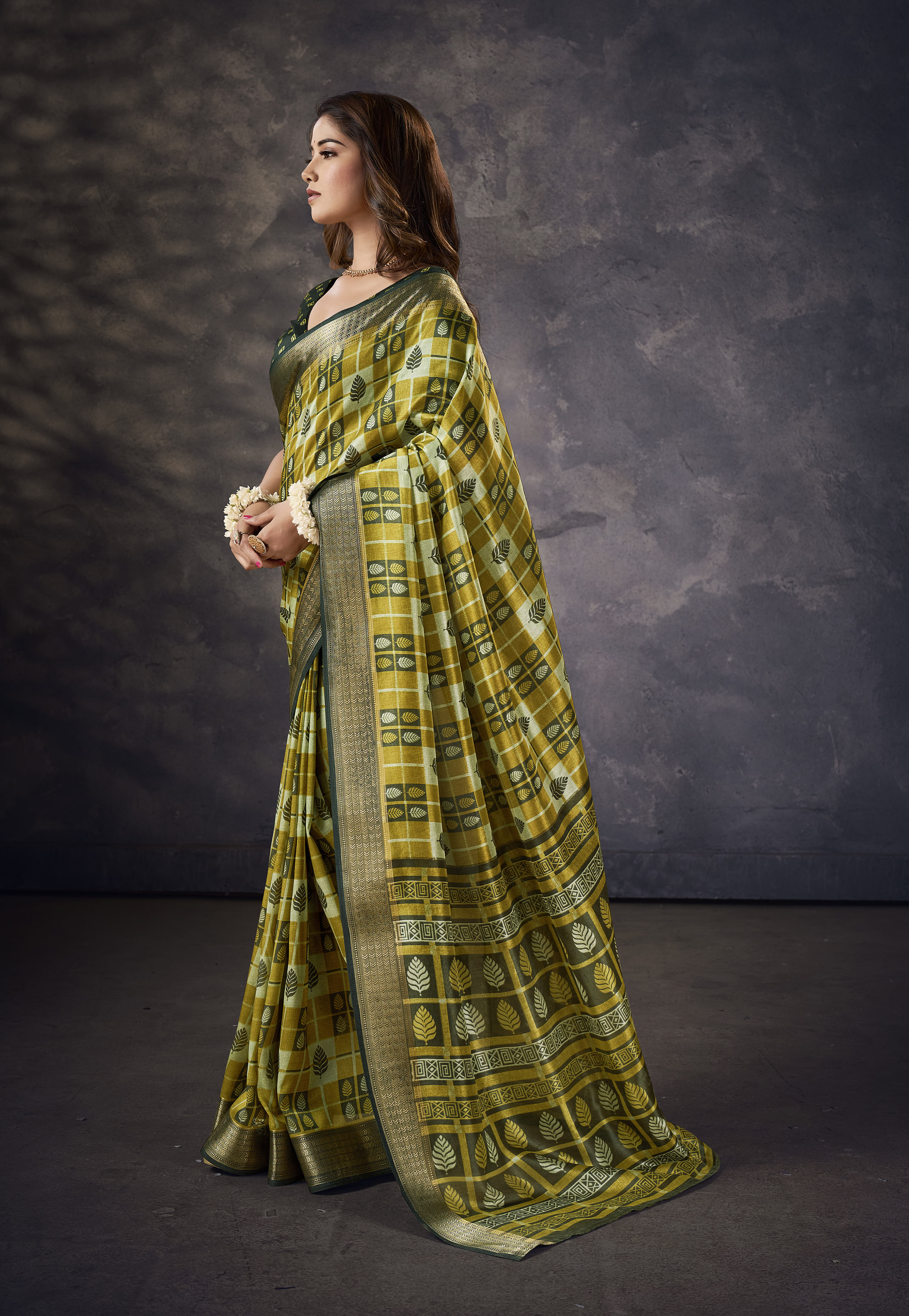 Olive Yellow Kalamkari Silk Block Print Saree