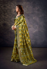 Olive Yellow Kalamkari Silk Block Print Saree