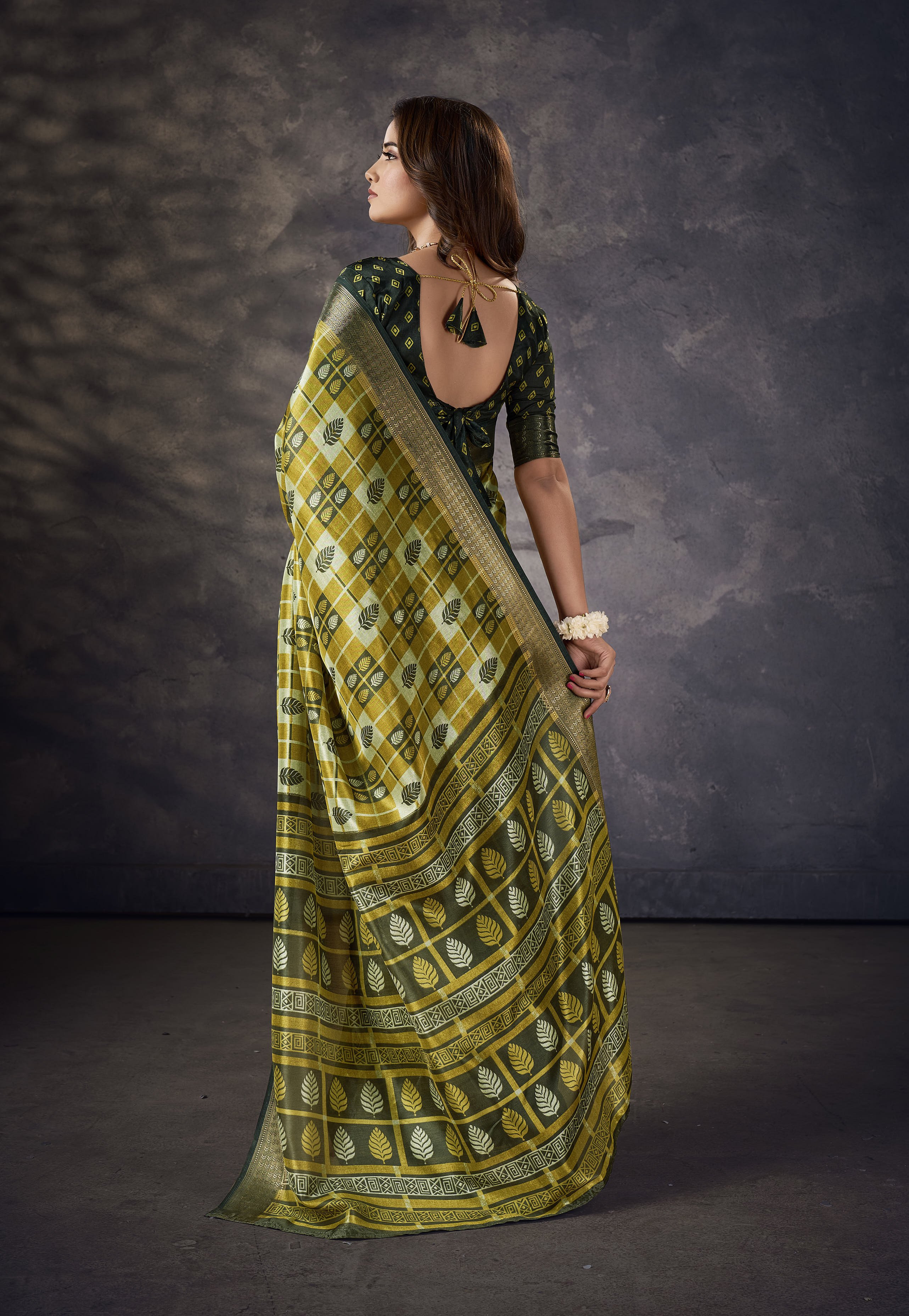 Olive Yellow Kalamkari Silk Block Print Saree