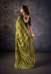 Olive Yellow Kalamkari Silk Block Print Saree